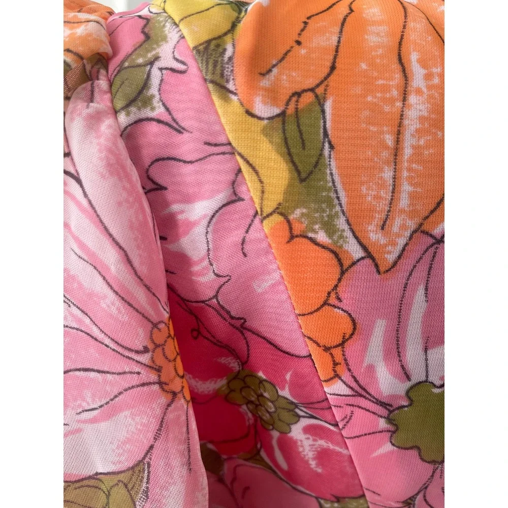 Vintage 60's  Floral Maxi Dress Pink Orange Yellow Puff Sleeve‎ Boho Mod Garden - Picture 3 of 10
